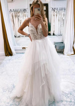 Marcia | Boho Spaghetti Strap V Neck Lace and Tulle Wedding Dress