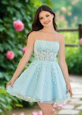 Amalia | Classy A Line Turquoise Lace Strapless Corset Short Homecoming Dress