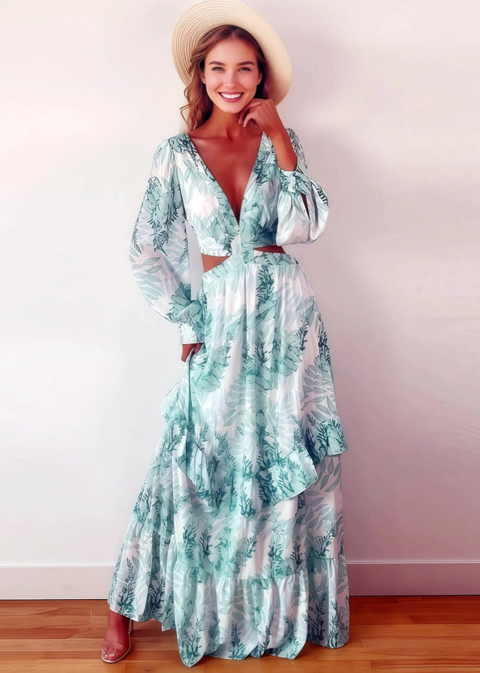 A Line Green Floral Long Sleeve V Neck Formal Dress with Ruffles - Light Green Floral - PromDressClub