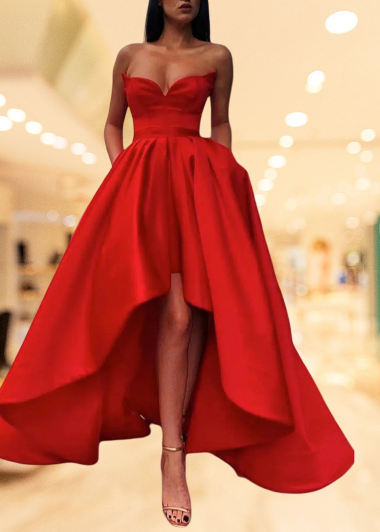 Christie | Red Blue A Line High Low Strapless Prom Dress with Slit - Red - PromDressClub