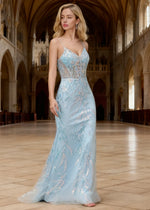 Aithea Blue Glitter Prom Dress | Sheath Spaghetti Strap V-Neck Corset Cocktail Dress