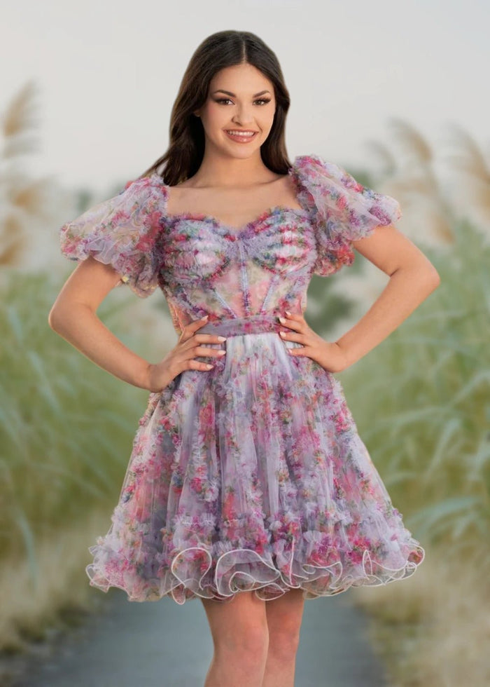 Alice | A Line Light Purple Floral Off the Shoulder Corset Homecoming Dress - Light Purple Floral - PromDressClub