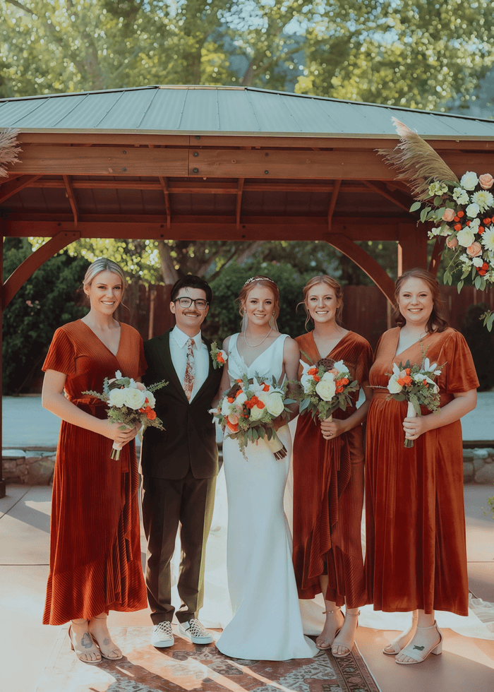 Alma | Immensely Glam Sheath Rust Orange Velvet Midi Bridesmaid Dress with V Neck and Short Sleeve - Price #price_variant_lowest# - Rust - PromDressClub