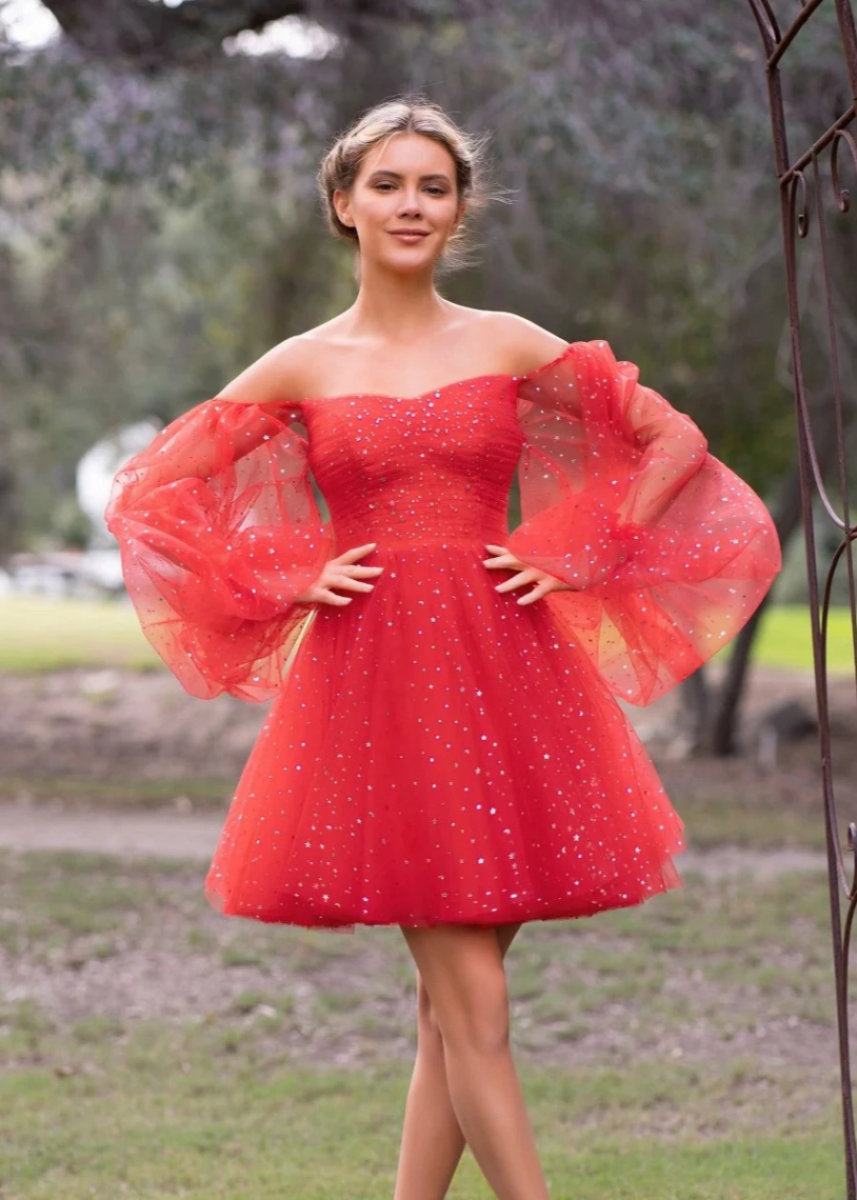 Amarynthe | Command Attention at Homecoming in a Glittering Red Tulle Dress - Red - PromDressClub
