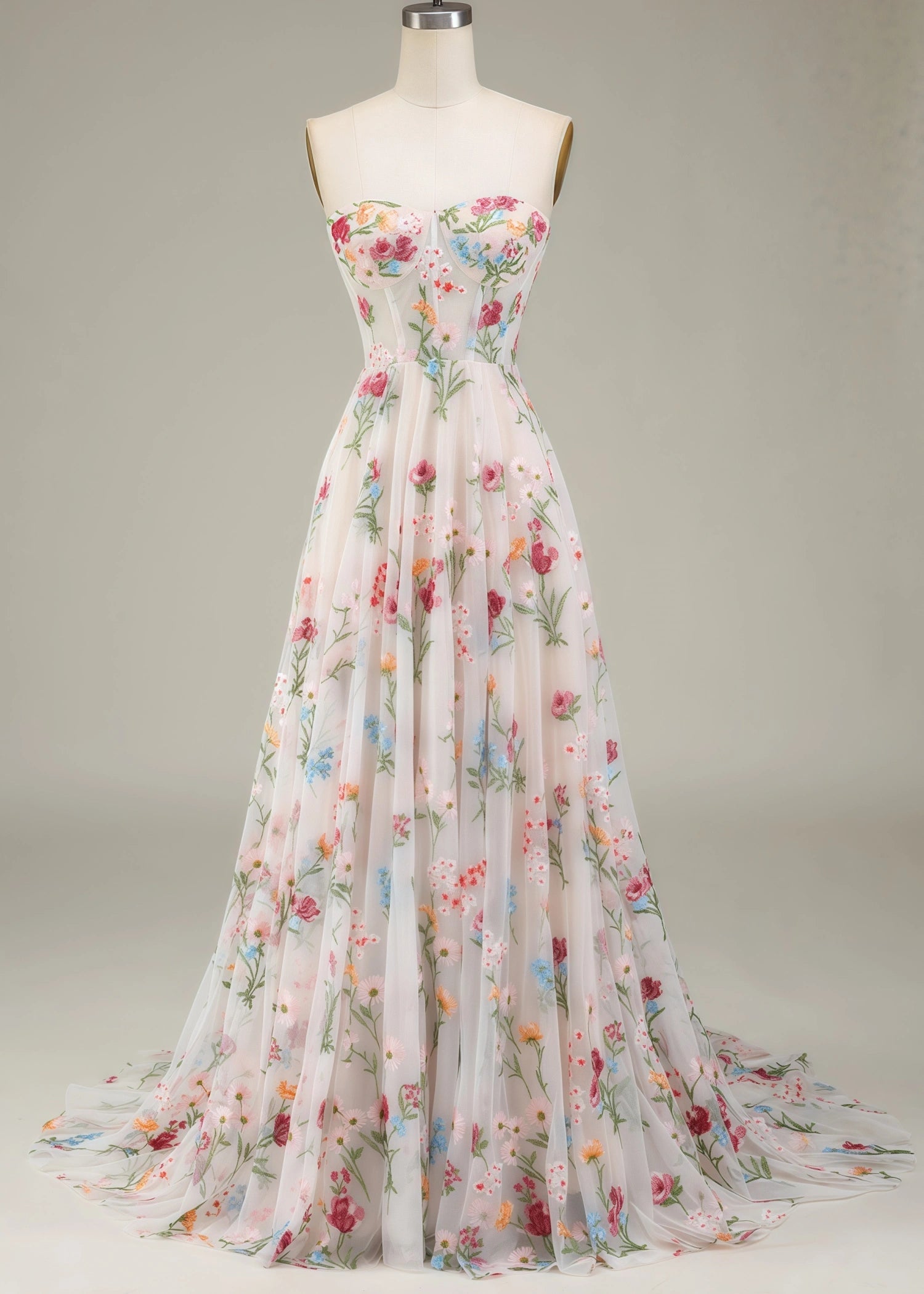 Andrea | A - Line Long Ivory Prom Dress With Sweetheart Tulle Embroidery Sweep Train - White Floral - PromDressClub