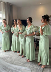 Anna | Sheath Modest Sage Green Satin Maxi Bridesmaid Dress with Slit and Buttons - Price #price_variant_lowest# - Sage - PromDressClub