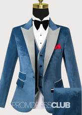 Anthony |Blue Prom Suits For Men With Single Breasted Peaked Lapel Velvet | Three Pieces Bespoke Wedding Groom Suits - Price #price_variant_lowest# - 34 - PromDressClub