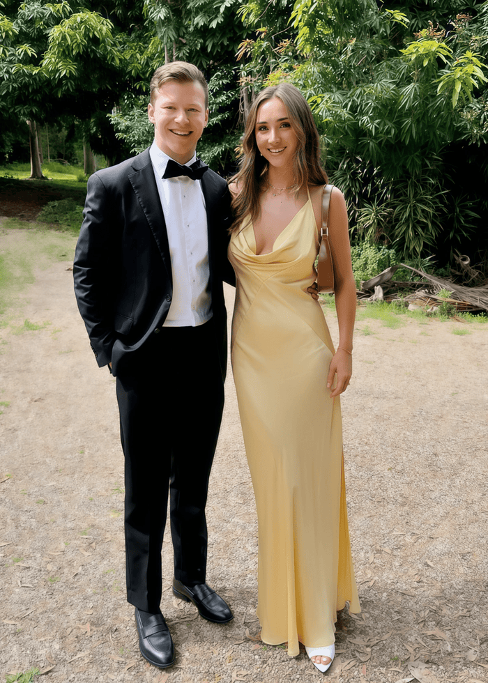 Arlene | Sheath Spaghetti Straps Pleated Pale Yellow Silk Satin Maxi Bridesmaid Dress with Slit and Cowl Neck - Price #price_variant_lowest# - Pale Yellow - PromDressClub