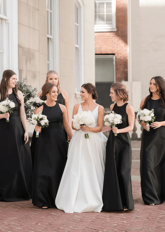Aurora | Love In Your Eyes A - Line Backless Black Satin Maxi Bridesmaid Dress with Round Neck - Price #price_variant_lowest# - Black - PromDressClub