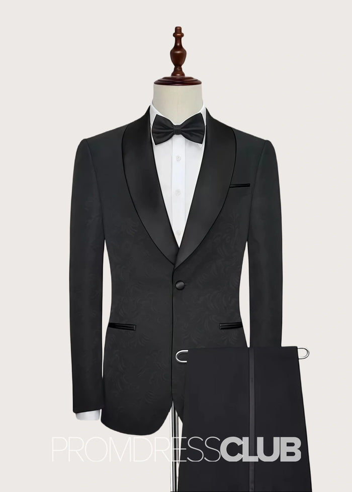 Austin |Classic Black Prom Suits For Men With Jacquard Shawl Lapel Silk One Button | Two Pieces Bespoke Wedding Groom Suits - Price #price_variant_lowest# - 34 - PromDressClub
