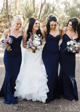 Belinda | Simple Mermaid Navy Blue Satin Maxi Bridesmaid Dress with Spaghetti Straps and Sweetheart Neck - Price #price_variant_lowest# - Navy Blue - PromDressClub