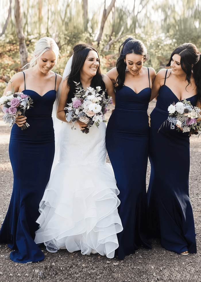 Belinda | Simple Mermaid Navy Blue Satin Maxi Bridesmaid Dress with Spaghetti Straps and Sweetheart Neck - Price #price_variant_lowest# - Navy Blue - PromDressClub