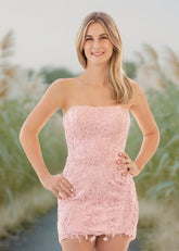 Brianna | Bodycon Pink Lace Strapless Open Back Short Homecoming Dress - Pink - PromDressClub