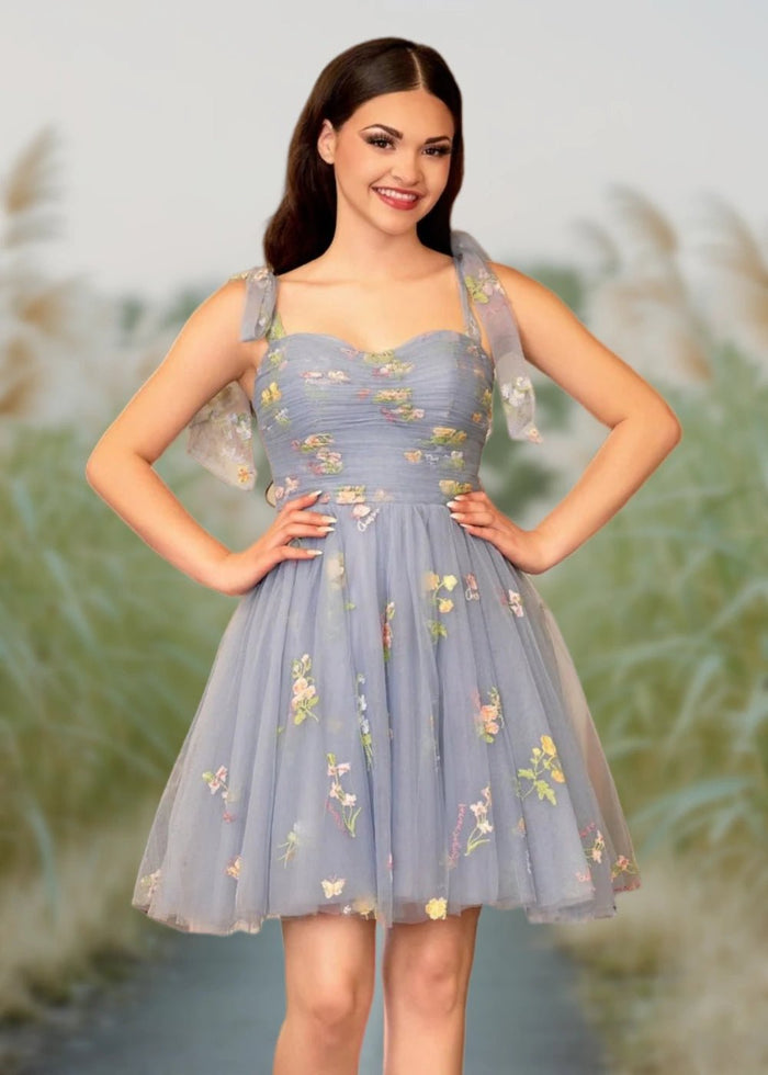Bridget | A Line Dusty Blue Floral Corset Tulle Short Homecoming Dress - Dusty Blue Floral - PromDressClub