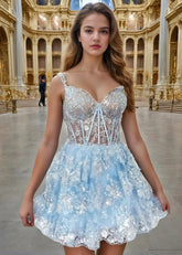 Bronte | Sparkle Confidently in a Light Blue Homecoming Dress with Ruffles & Corset - Light Blue - PromDressClub