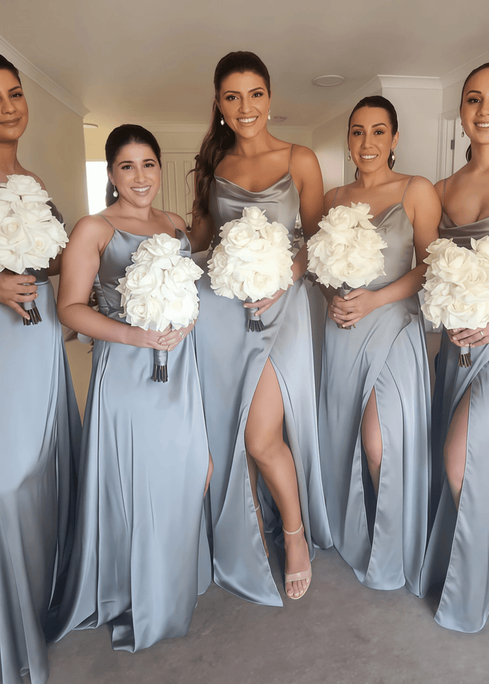 Carol | Sheath Spaghetti Straps Dusty Blue Satin Maxi Bridesmaid Dress with Slit and Cowl Neck - Price #price_variant_lowest# - Dusty Blue - PromDressClub
