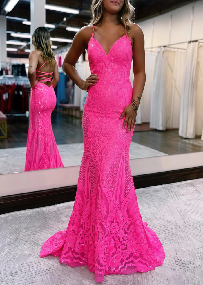 Cathy | Long Pink Prom Dress Sequin With Bodycon Mermaid V Neck Glitter Backless - Pink - PromDressClub