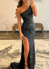 Cecilia | Black Mermaid One Shoulder Backless Formal Dress with Sequins - Black - PromDressClub