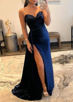 Claire | Long Navy Blue Prom Dress Satin With Mermaid Sweetheart Slit - Navy Blue - PromDressClub