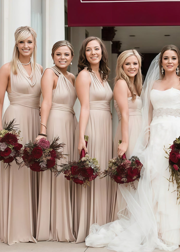 Cora | Most Beautiful Day Beige Champagne Infinity Chiffon Maxi Bridesmaid Dress with Multiway Convertible - Price #price_variant_lowest# - Champagne - PromDressClub