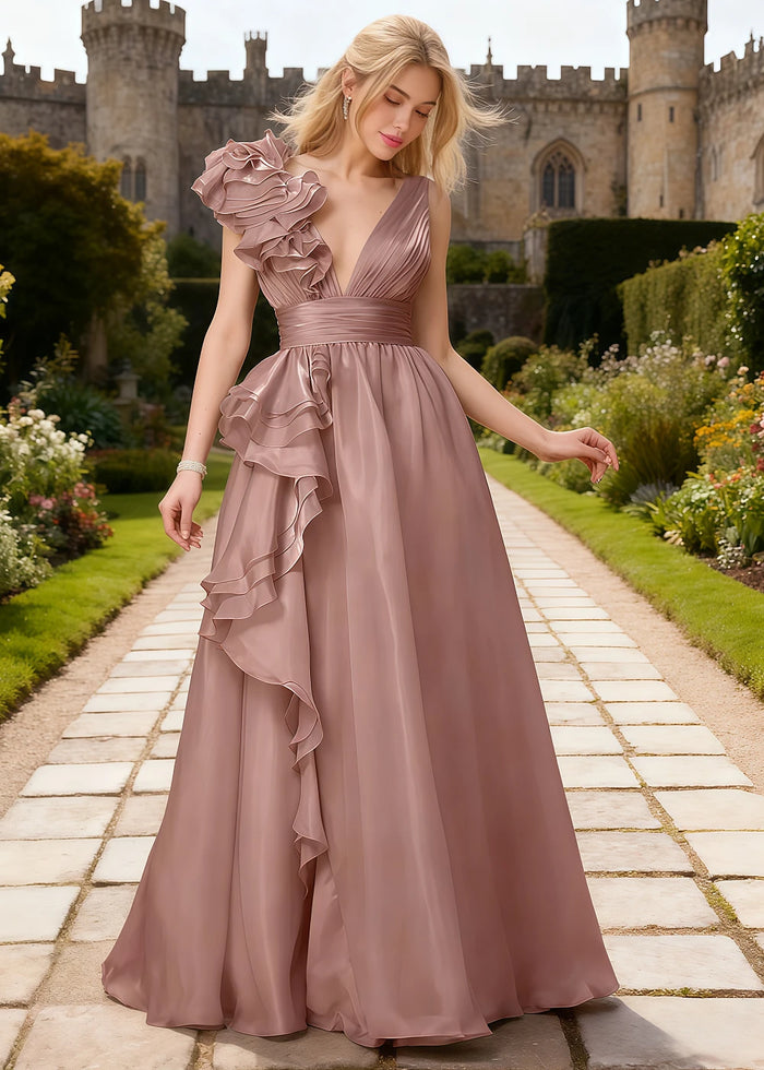 Coral Dusty Rose Chiffon Prom Dress Ruffles | A - Line V - Neck Floor Length Backless Formal Dress - Dusty Rose - PromDressClub