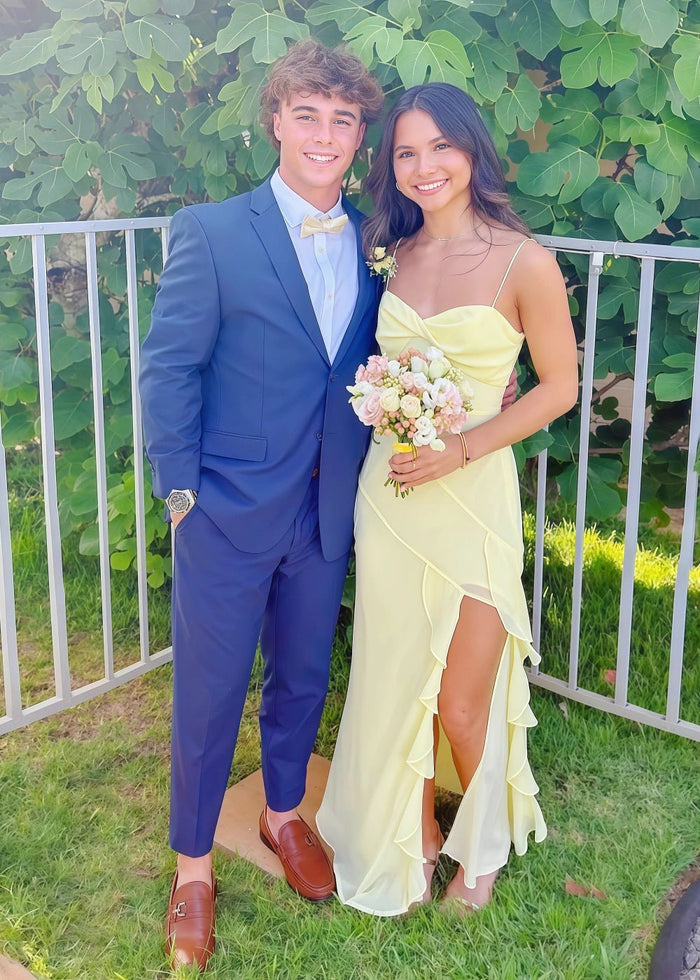 Cordelia | Stunning Yellow Chiffon Slit Prom Dress with Ruffles – Your Show - Stopper for Prom Night - Yellow - PromDressClub