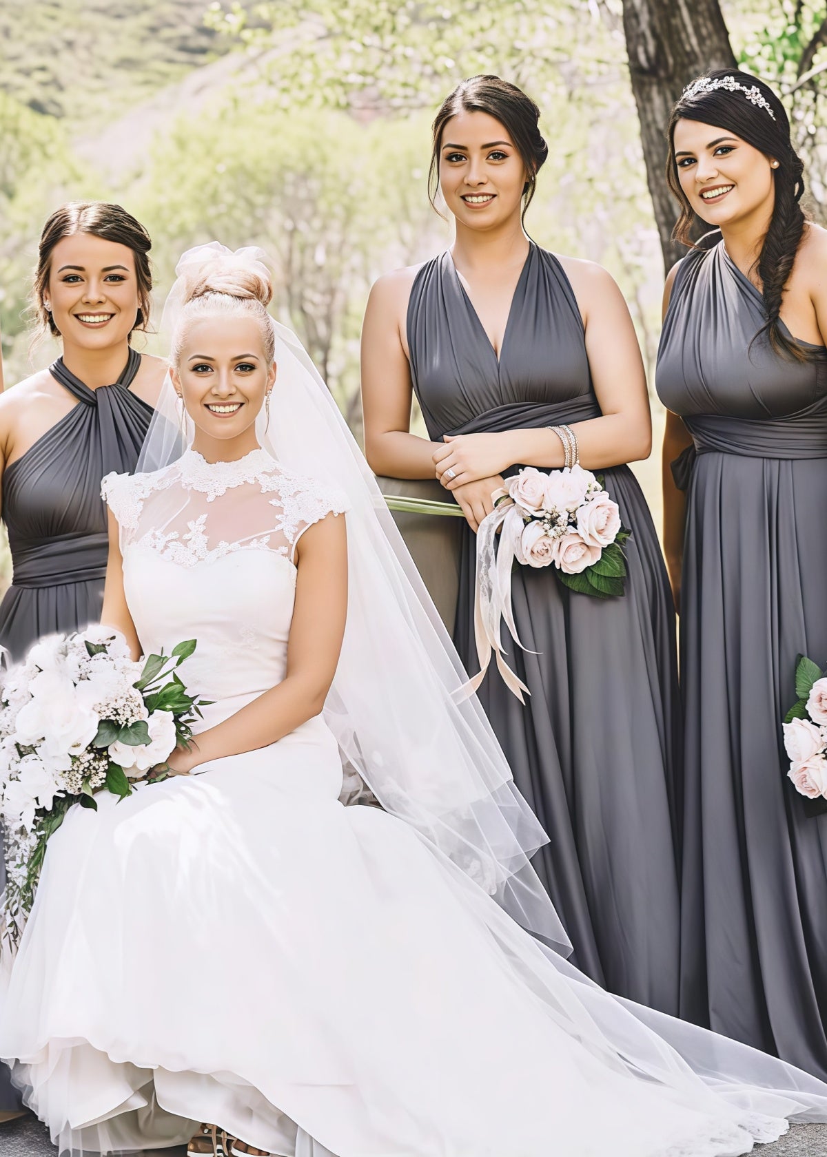 Crystal | Purely Elegant Infinity Dark Grey Chiffon Maxi Bridesmaid Dress with Multiway Convertible - Price #price_variant_lowest# - Dark Grey - PromDressClub