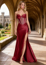 Dawn Burgundy Rhinestone Strapless Prom Dress | Sheath Sweetheart Neckline Corset Pleated Cocktail Dress with Slit - Burgundy - PromDressClub