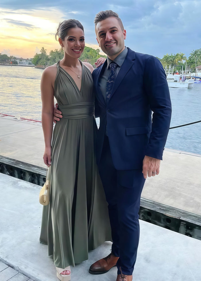 Debby | Elegant Infinity Dark Olive Green Chiffon Maxi Bridesmaid Dress with Multiway Convertible - Price #price_variant_lowest# - Olive Green - PromDressClub