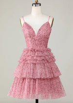 Demelza | Stunning Pink Homecoming Dress: V - Neck & Layered Ruffled Tulle - Blush Floral - PromDressClub