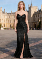 Ebullience Black Sequins Mermaid Prom Dress | Spaghetti Straps Sweetheart Neckline Floor Length Slit Dress - US0 - PromDressClub