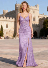 Ebullience Lilac Sequins Mermaid Prom Dress | Spaghetti Straps Sweetheart Neckline Floor Length Slit Dress - US0 - PromDressClub