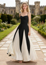 Eden A - line Black and White Prom Dress | Spaghetti Strap Sweethesrt Neckline Backless Chiffon Color - blocked Maxi Dress - Black - PromDressClub