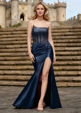 Effulgence Dark Blue Rhinestone Strapless Prom Dress | Mermaid Asymmetrical Corset Fitted Pleated Dress with Slit - US0 - PromDressClub