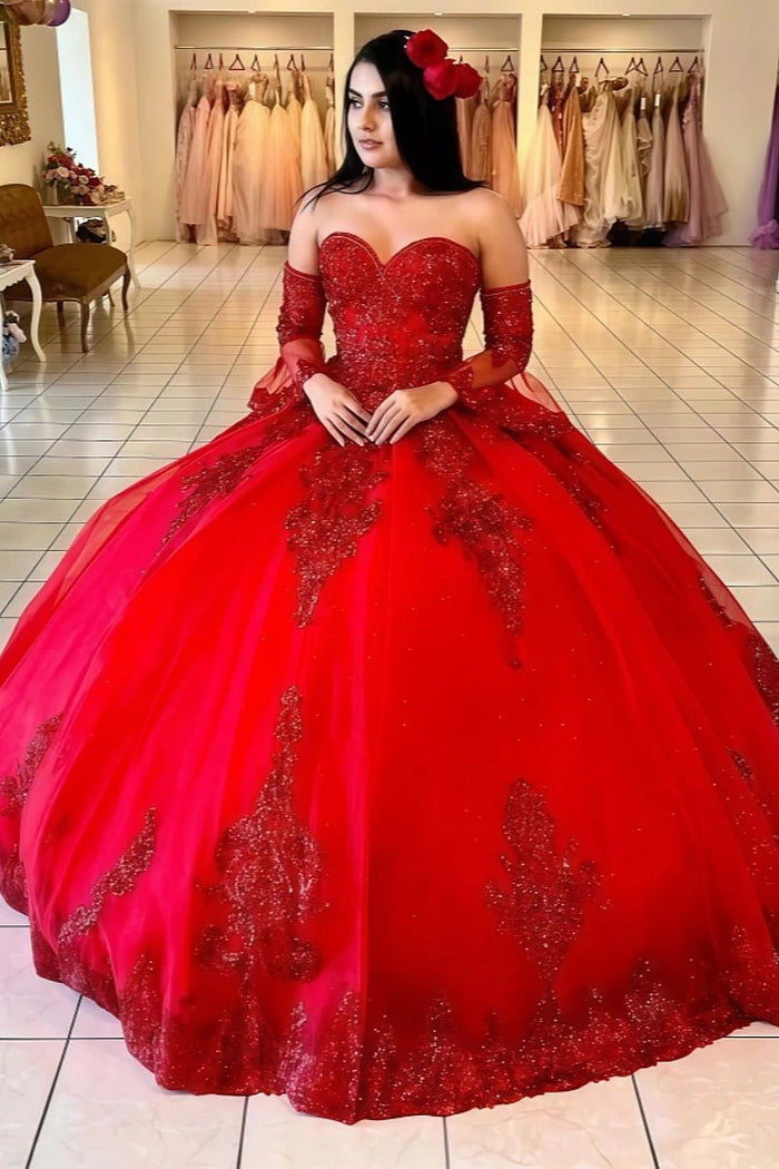 Elise | Gorgeous Red Long Sleeve Quinceanera Dresses with Ruffles - Red - PromDressClub