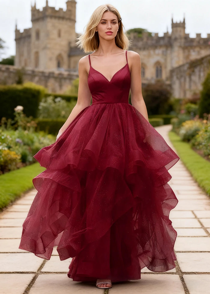 Ella Burgundy Glitter Tulle Ruffled Prom Dress | A - Line Spaghetti Strap V - Neck Wedding Guest Dress - Burgundy - PromDressClub