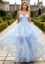 Ella Light Blue Glitter Tulle Ruffled Prom Dress | A - Line Spaghetti Strap V - Neck Wedding Guest Dress - Light Blue - PromDressClub