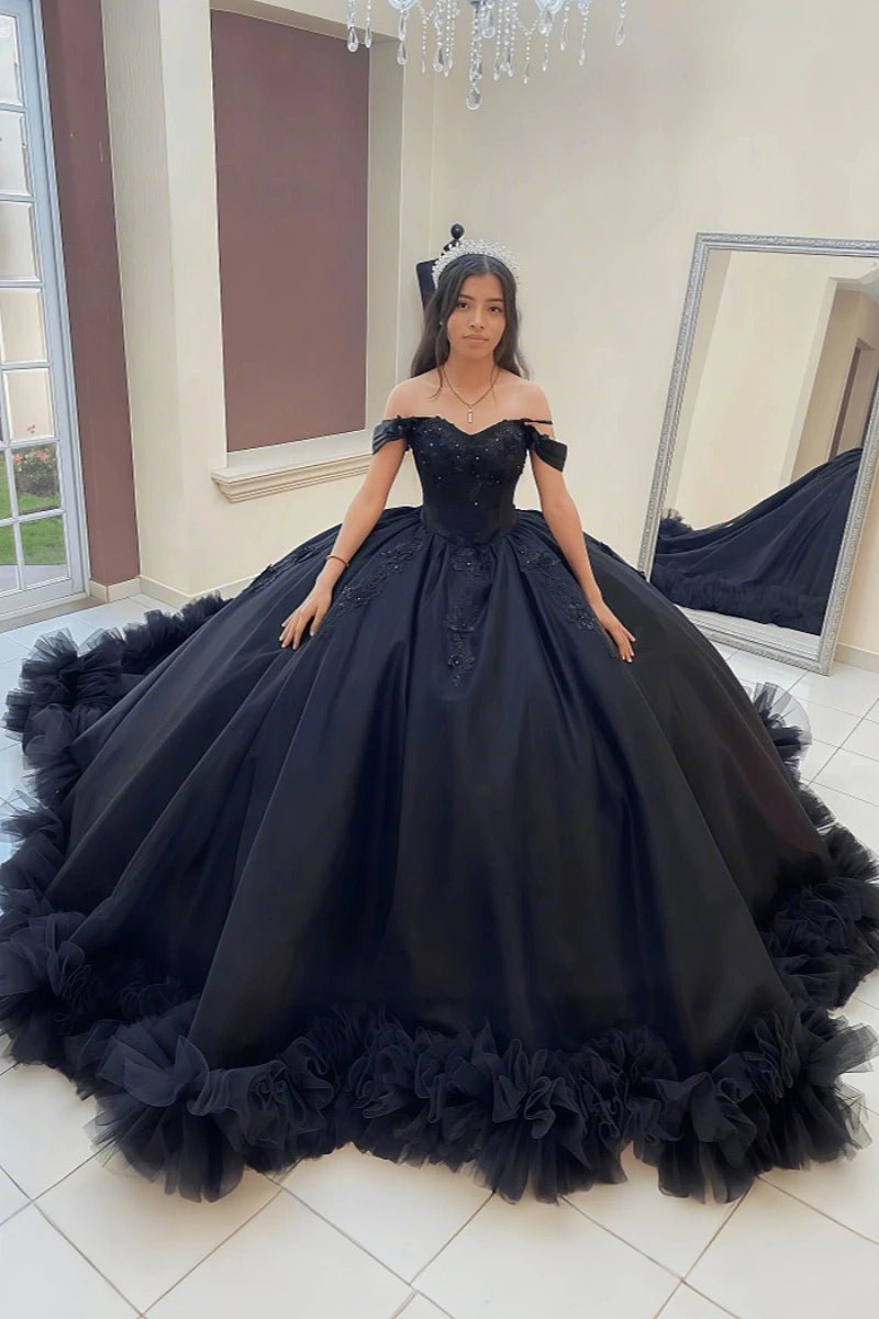 Eloise | Exquisite Black Beaded Off the Shoulder Quinceanera Dresses for Unforgettable Events - Black - PromDressClub