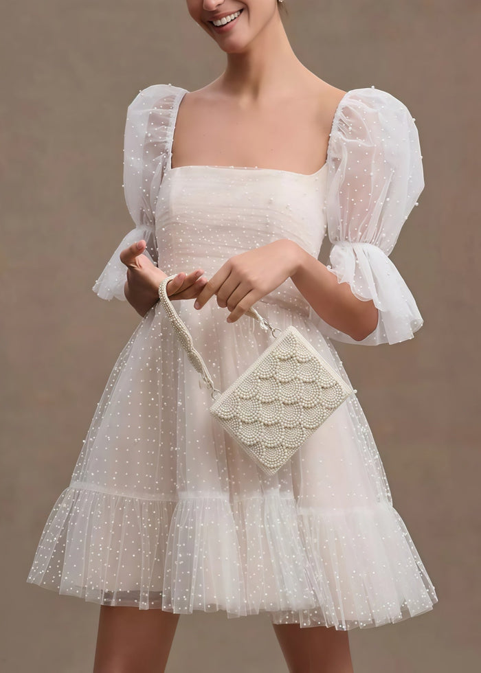 Evelyn | Glamorous Pearl Puff Sleeve Square Neck Short Wedding Reception Dress with Backless - Price #price_variant_lowest# - White - PromDressClub