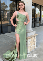 Evelyn |Mermaid Sage Green Prom Dresses Long One Shoulder with Slit - Sage - PromDressClub