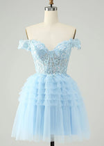 Exuperia | Shine at Homecoming in a Stunning Blue Off - the - Shoulder Dress - Light Blue - PromDressClub