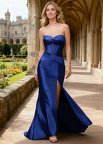 Faye Satin Neptune Strapless Dress Prom | Sheath Corset Pleated Slit Formal Dress with Twist Knot - Neptune - PromDressClub