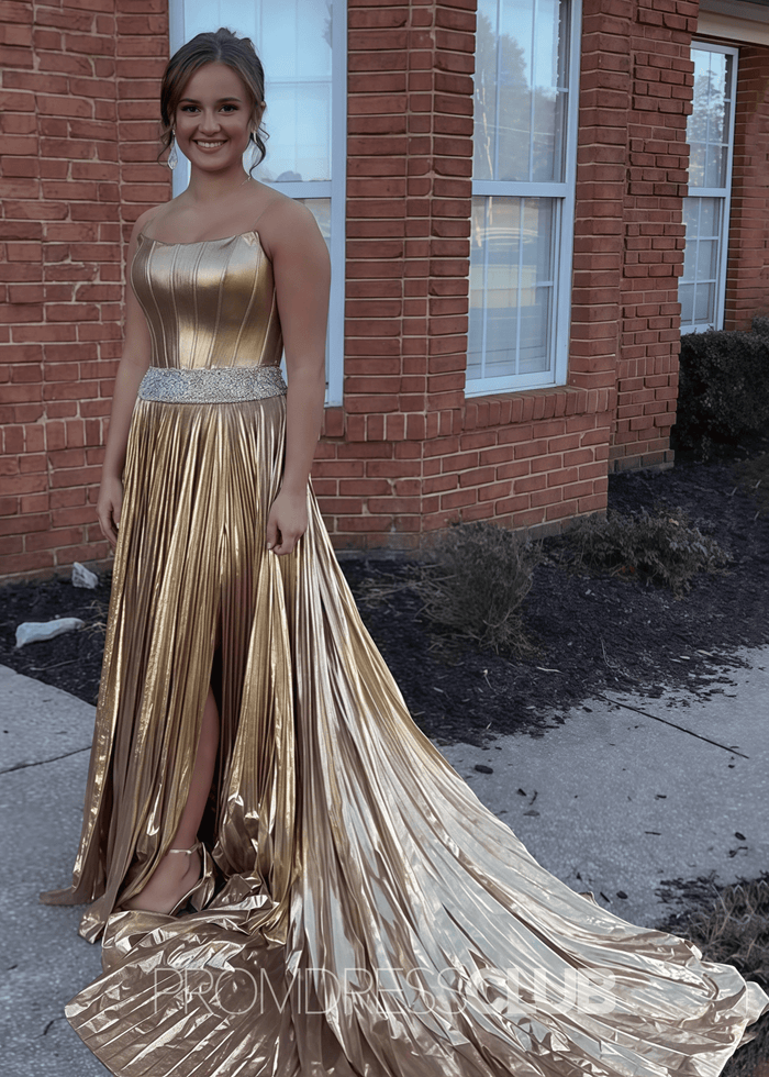 Flora |Long Gold Prom Dress Metallic With A Line Strapless Beaded Slide Split - Gold - PromDressClub