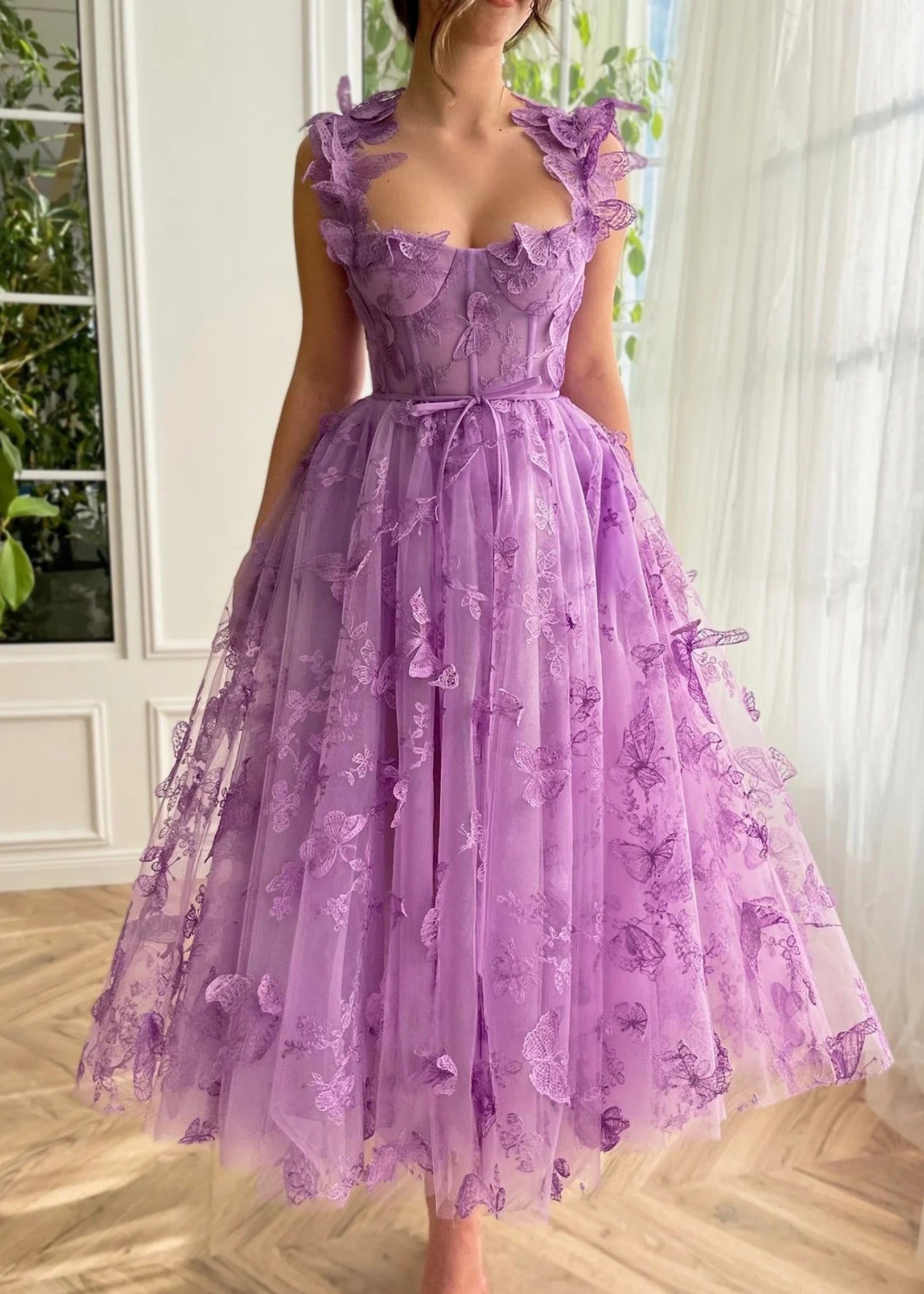 Florence | Lilac Light Pink A Line Square Neck Midi Semi Formal Dress with 3D Butterflies - Lilac - PromDressClub