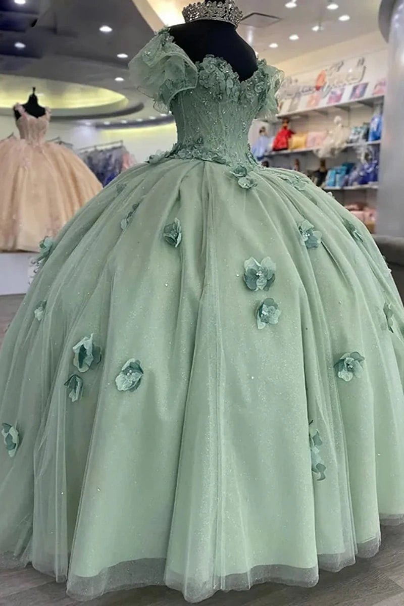 Gabriela | Stunning Sage Green Corset Quinceanera Flower Dresses for Sweet 16 Party - Sage - PromDressClub
