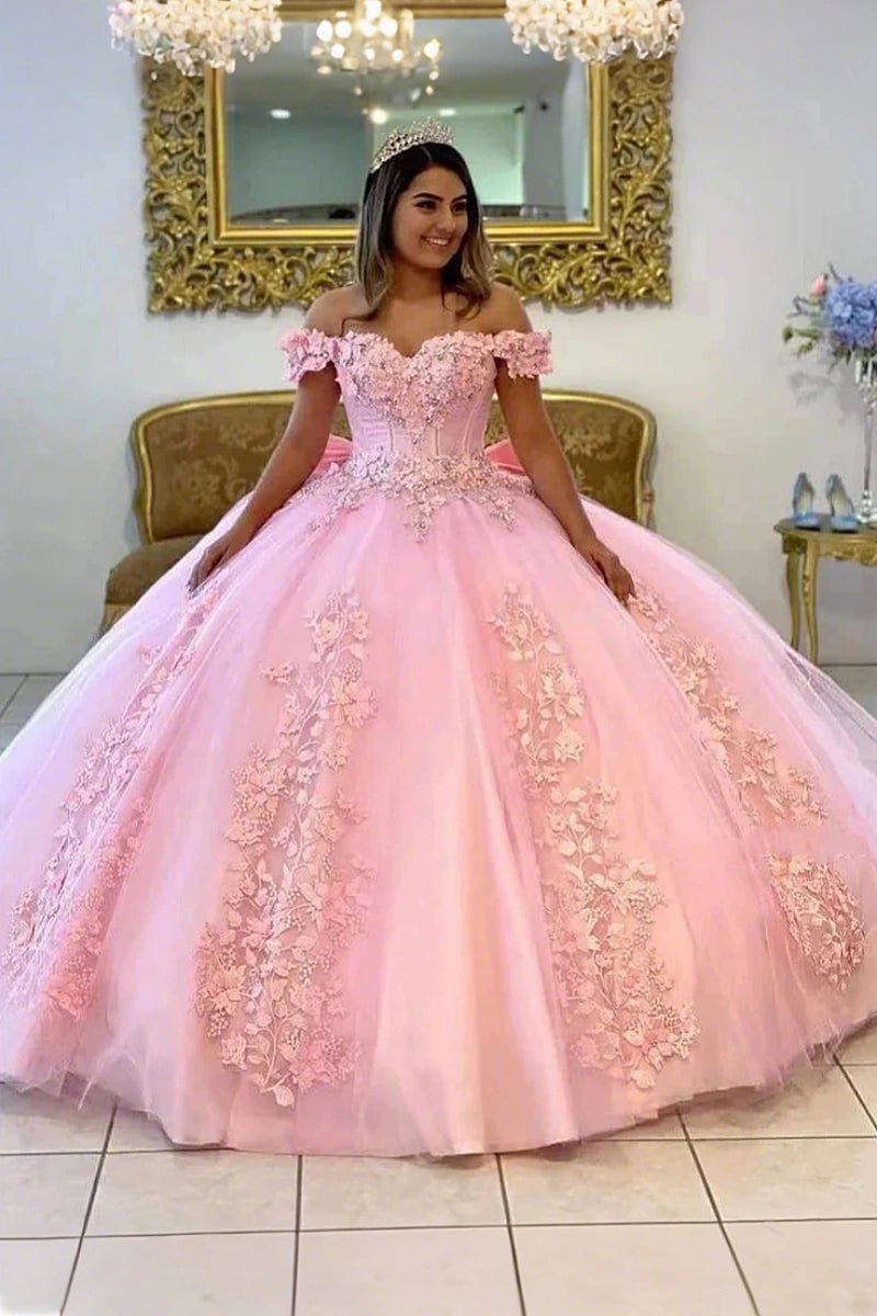 Gemma | Stunning Light Pink Flower Quinceanera Dress with Bow - Ideal for Sweet 16 Parties - Light Pink - PromDressClub