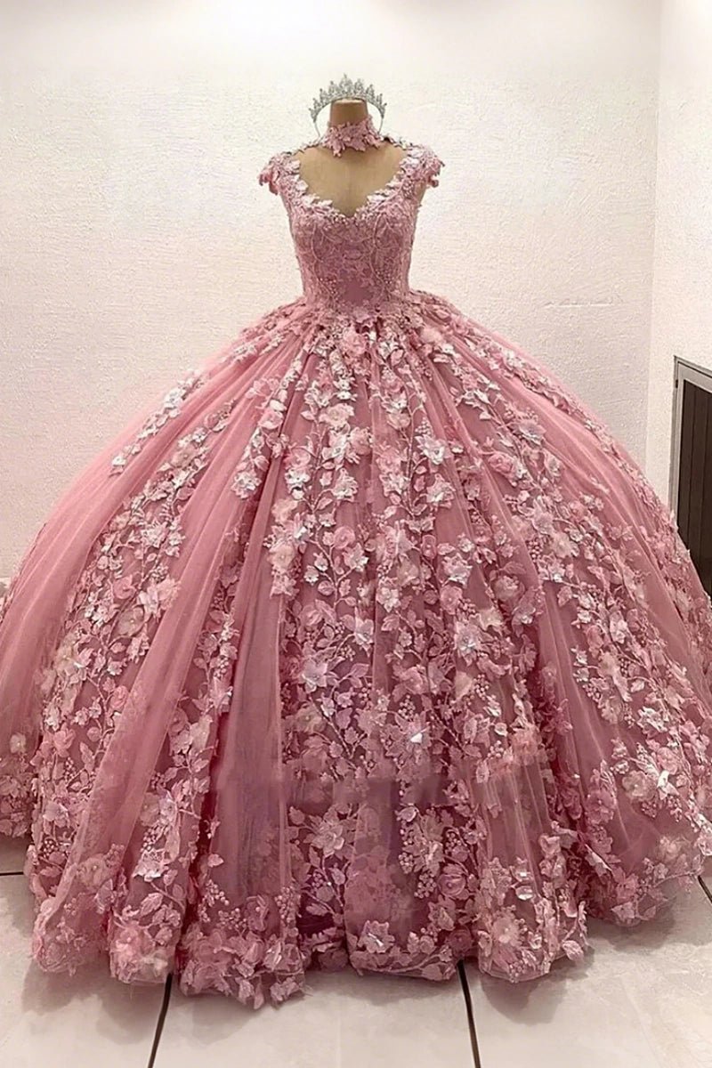 Geraldine | Elegant Corset Pink Quinceanera Flower Dresses - Pink - PromDressClub