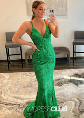 Grace |Long Green Prom Dresses Near Me With Mermaid Spaghetti Straps Sequins Backless - Price #price_variant_lowest# - Green - PromDressClub