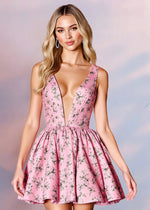 Gunborg | Sparkle in Pink Homecoming Dress: Floral Satin Dress with Elegant Bow - Pink Floral - PromDressClub
