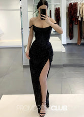 Gustave |Long Black Prom Dresses Near Me With Sheath Off the Shoulder Sequins Split - Price #price_variant_lowest# - Black - PromDressClub